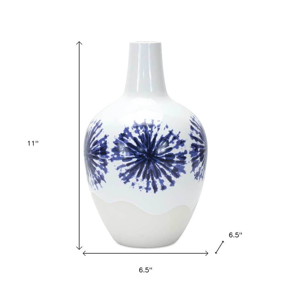 11" White And Blue Geometric Medallion Ceramic Urn Vase HomeRoots