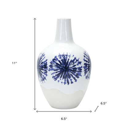 11" White And Blue Geometric Medallion Ceramic Urn Vase HomeRoots
