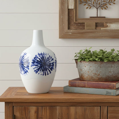 11" White And Blue Geometric Medallion Ceramic Urn Vase HomeRoots