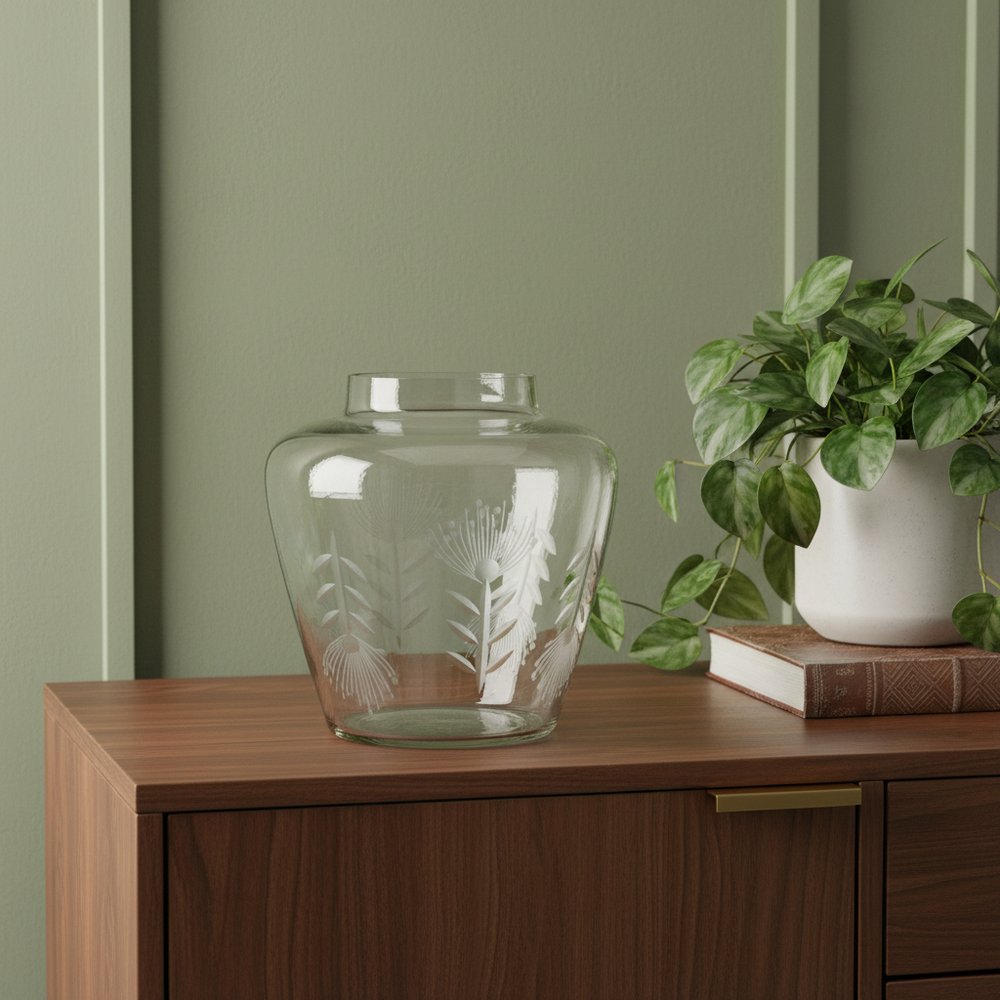 7" Clear Etched Leaf Glass Urn Table Vase HomeRoots