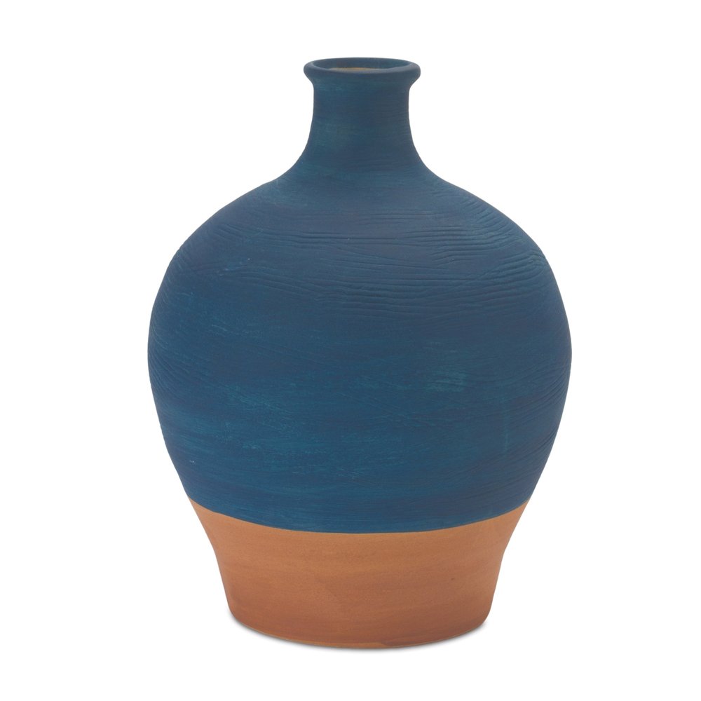 9" Blue And Terra Cotta Ceramic Round Urn HomeRoots
