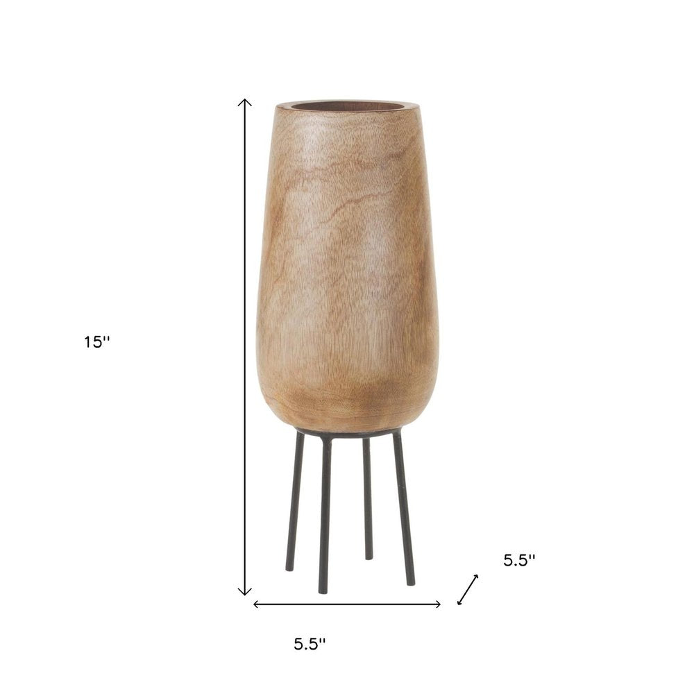 15" Natural Wood And Metal Cylinder Floor Vase HomeRoots