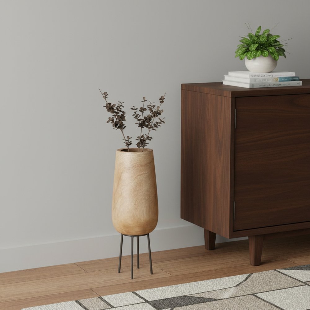 15" Natural Wood And Metal Cylinder Floor Vase HomeRoots
