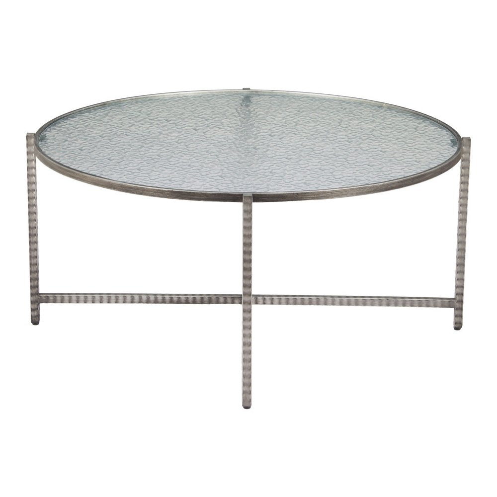 41" Silver Glass and Steel Round Cross Legs Coffee Table HomeRoots