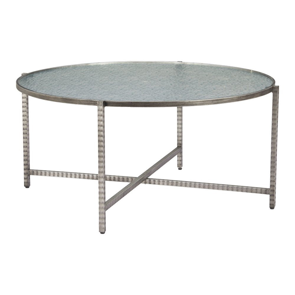 41" Silver Glass and Steel Round Cross Legs Coffee Table HomeRoots