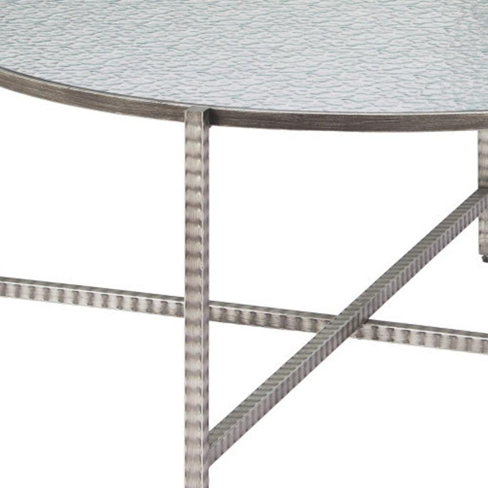 41" Silver Glass and Steel Round Cross Legs Coffee Table HomeRoots