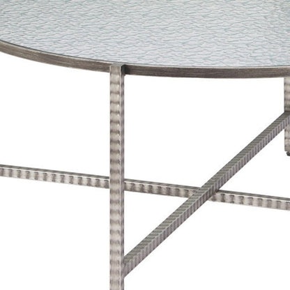 41" Silver Glass and Steel Round Cross Legs Coffee Table HomeRoots