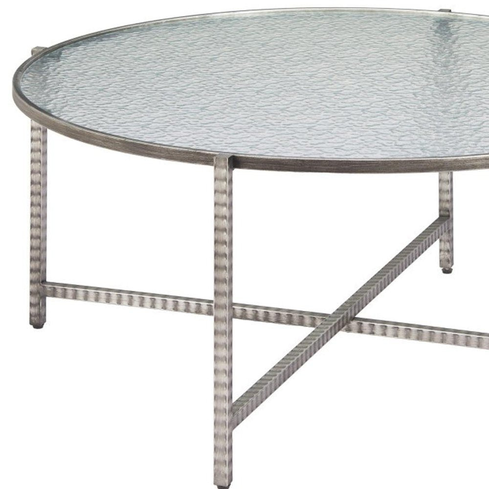 41" Silver Glass and Steel Round Cross Legs Coffee Table HomeRoots