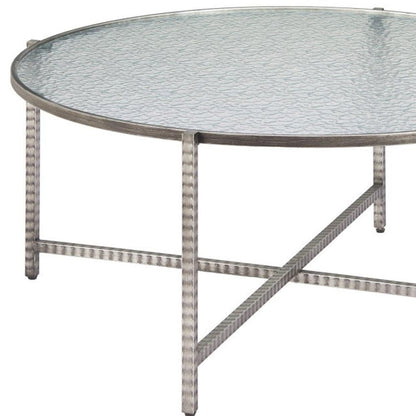 41" Silver Glass and Steel Round Cross Legs Coffee Table HomeRoots