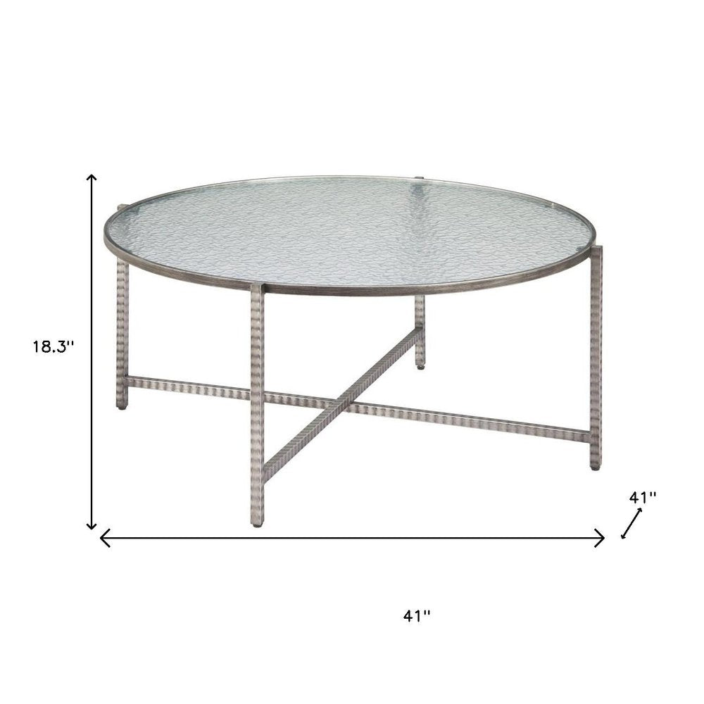 41" Silver Glass and Steel Round Cross Legs Coffee Table HomeRoots