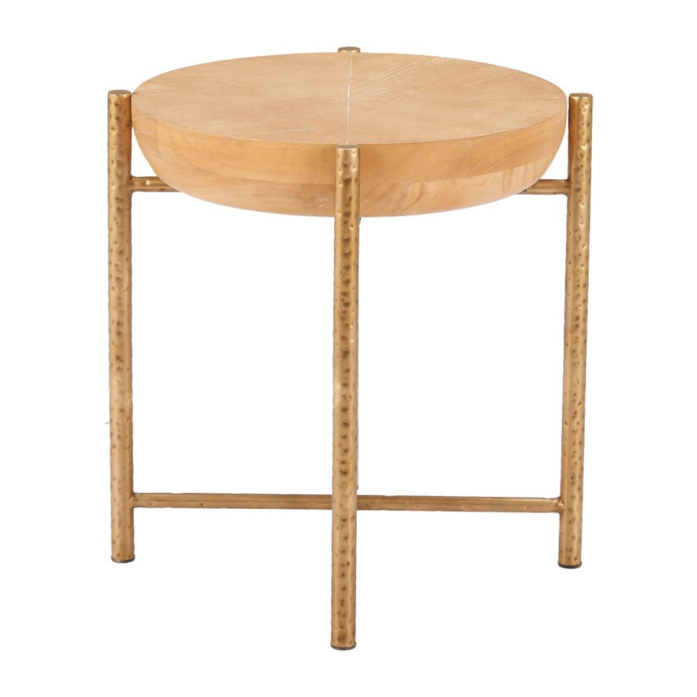 22" Natural and Gold Wood and Stainless Steel Round End Table HomeRoots