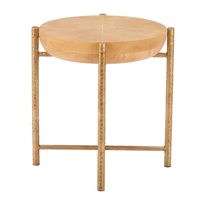 22" Natural and Gold Wood and Stainless Steel Round End Table HomeRoots