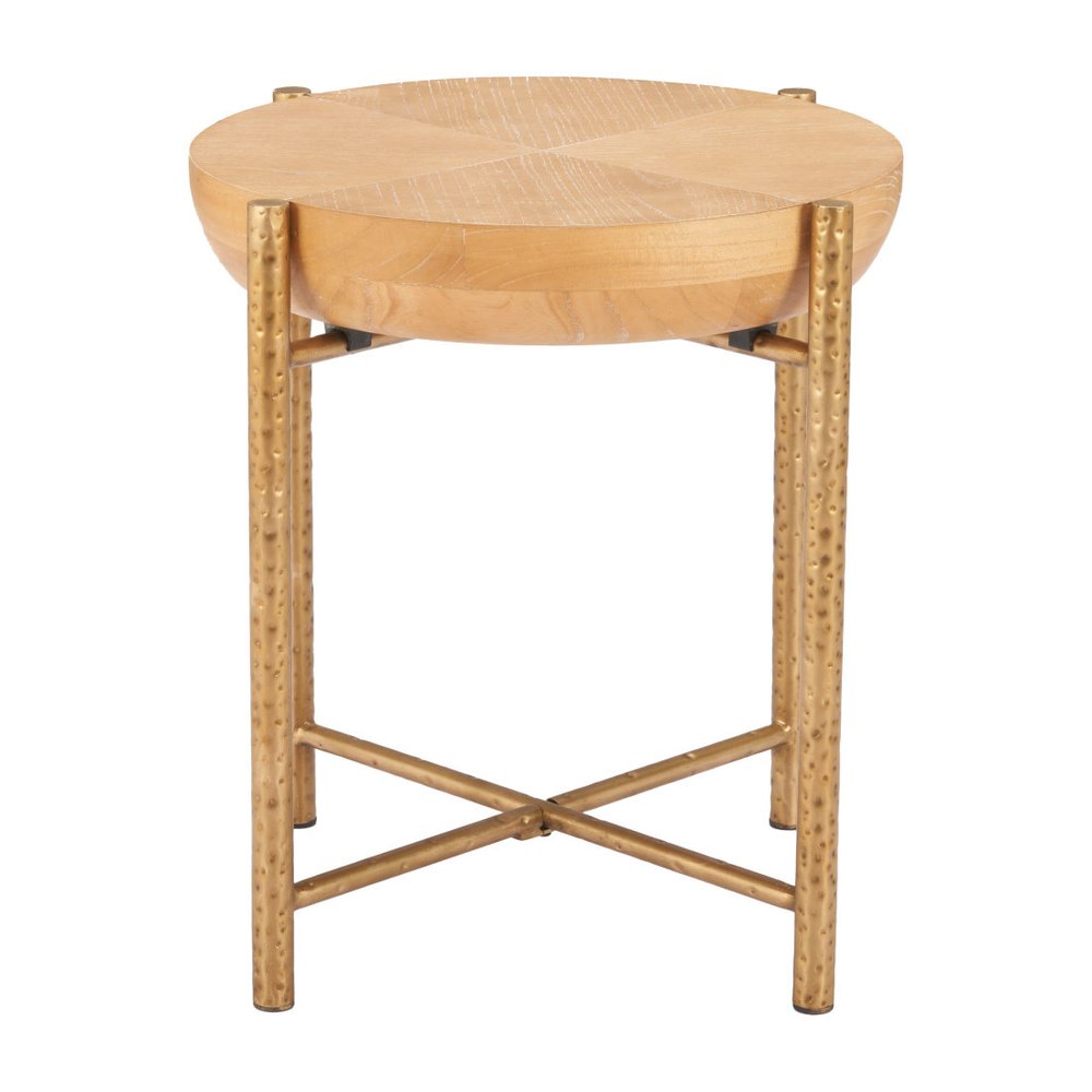 22" Natural and Gold Wood and Stainless Steel Round End Table HomeRoots