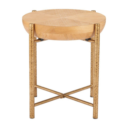 22" Natural and Gold Wood and Stainless Steel Round End Table HomeRoots