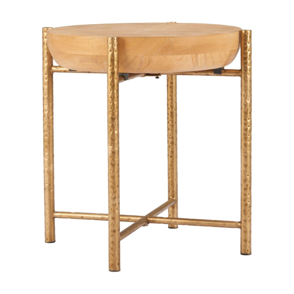 22" Natural and Gold Wood and Stainless Steel Round End Table HomeRoots