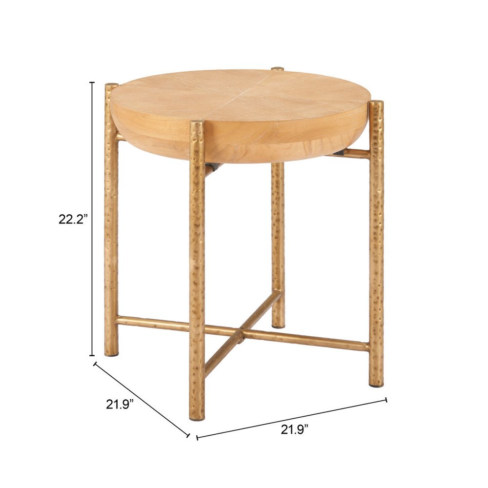 22" Natural and Gold Wood and Stainless Steel Round End Table HomeRoots