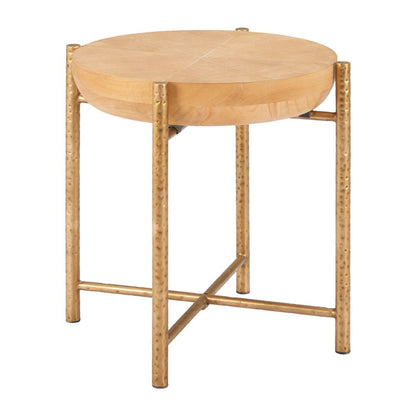22" Natural and Gold Wood and Stainless Steel Round End Table HomeRoots