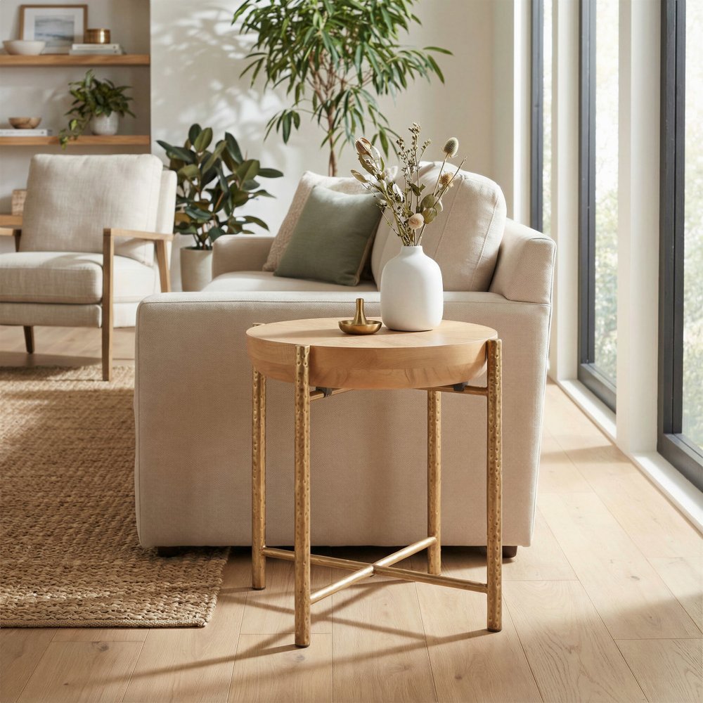 22" Natural and Gold Wood and Stainless Steel Round End Table HomeRoots