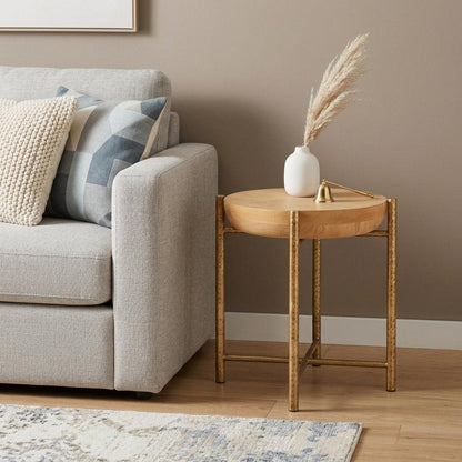 22" Natural and Gold Wood and Stainless Steel Round End Table HomeRoots