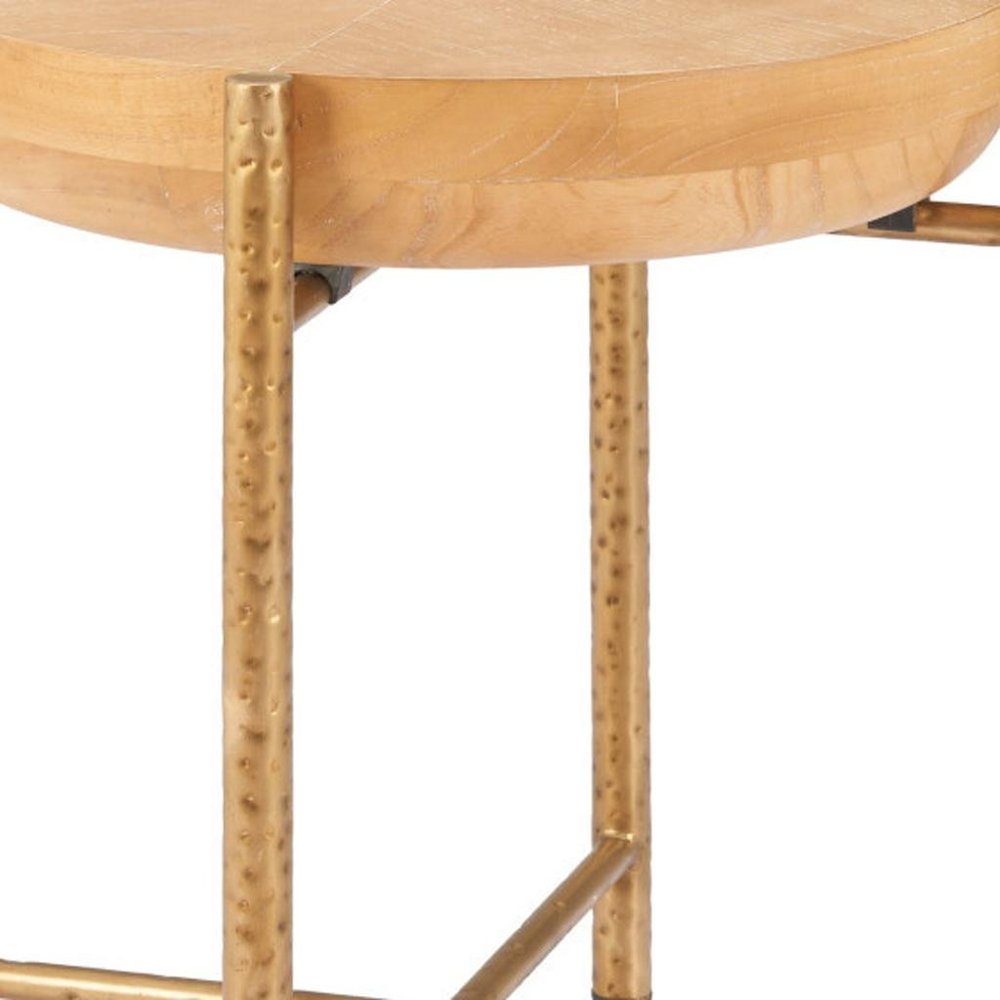 22" Natural and Gold Wood and Stainless Steel Round End Table HomeRoots