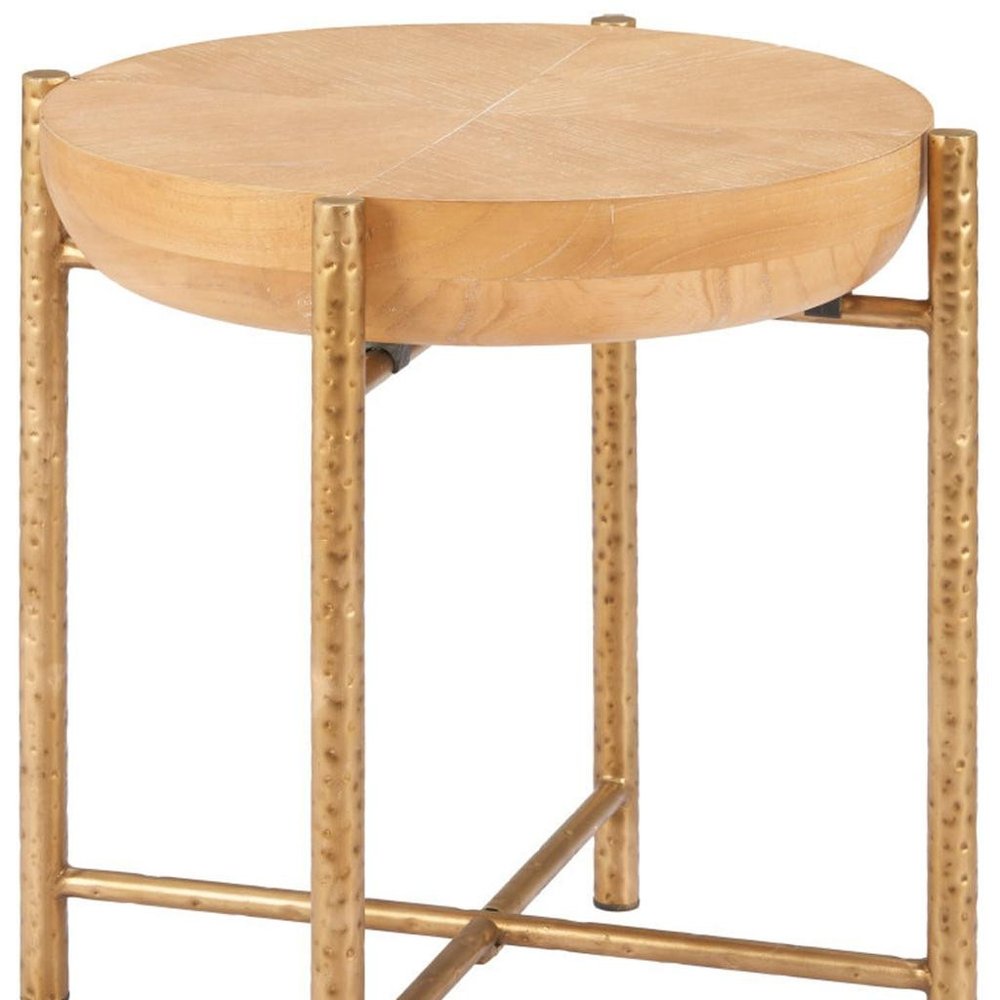 22" Natural and Gold Wood and Stainless Steel Round End Table HomeRoots