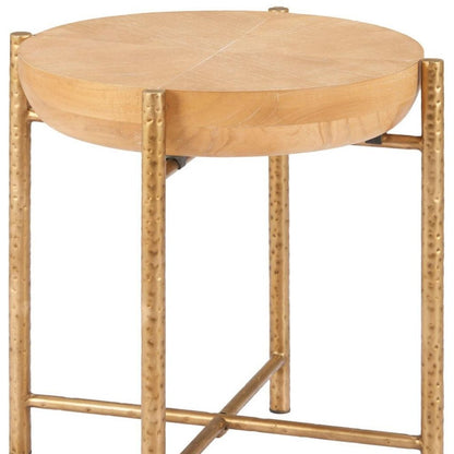 22" Natural and Gold Wood and Stainless Steel Round End Table HomeRoots