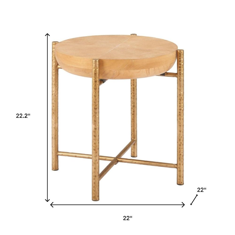 22" Natural and Gold Wood and Stainless Steel Round End Table HomeRoots