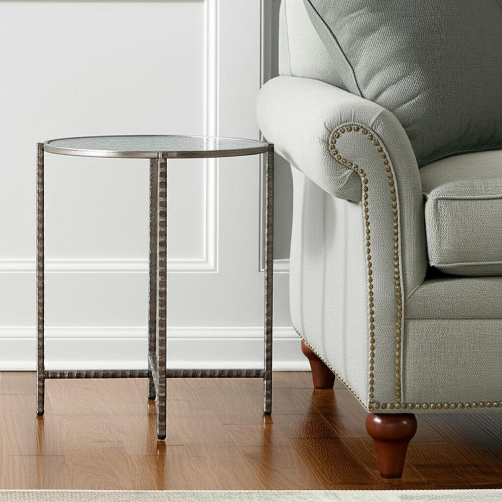 22" Clear and Silver Glass and Distressed Steel Round End Table HomeRoots
