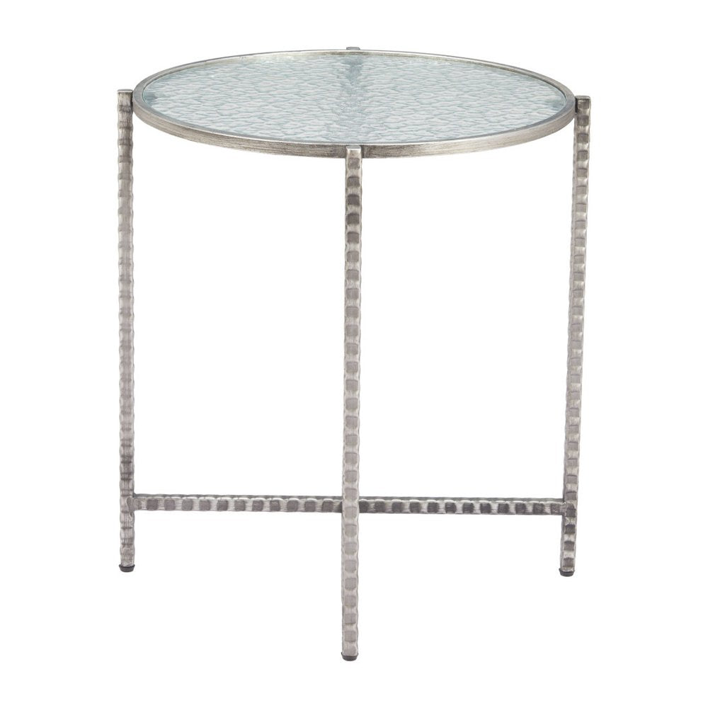 22" Clear and Silver Glass and Distressed Steel Round End Table HomeRoots