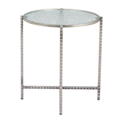 22" Clear and Silver Glass and Distressed Steel Round End Table HomeRoots