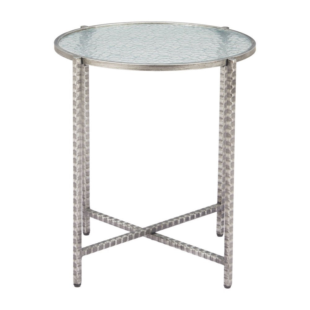 22" Clear and Silver Glass and Distressed Steel Round End Table HomeRoots
