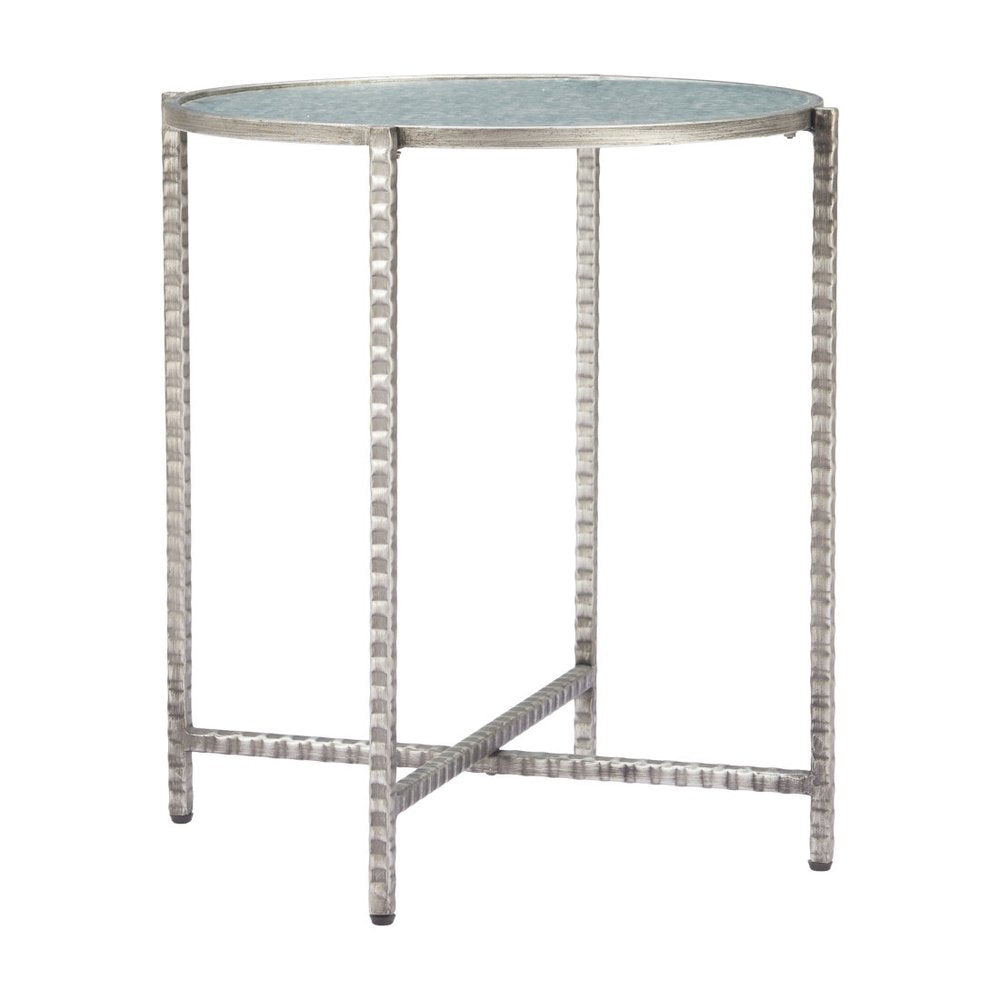 22" Clear and Silver Glass and Distressed Steel Round End Table HomeRoots