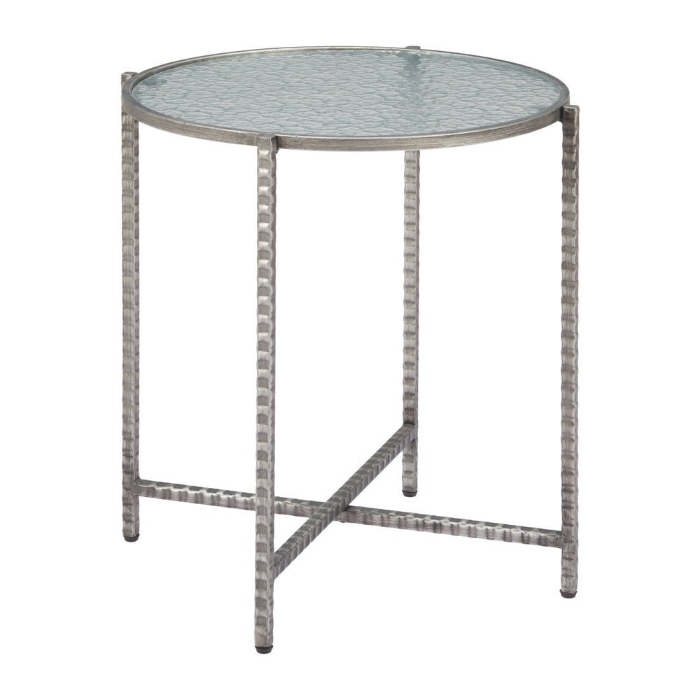 22" Clear and Silver Glass and Distressed Steel Round End Table HomeRoots