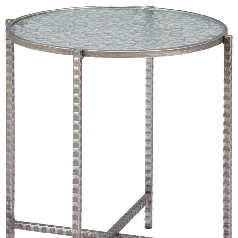 22" Clear and Silver Glass and Distressed Steel Round End Table HomeRoots