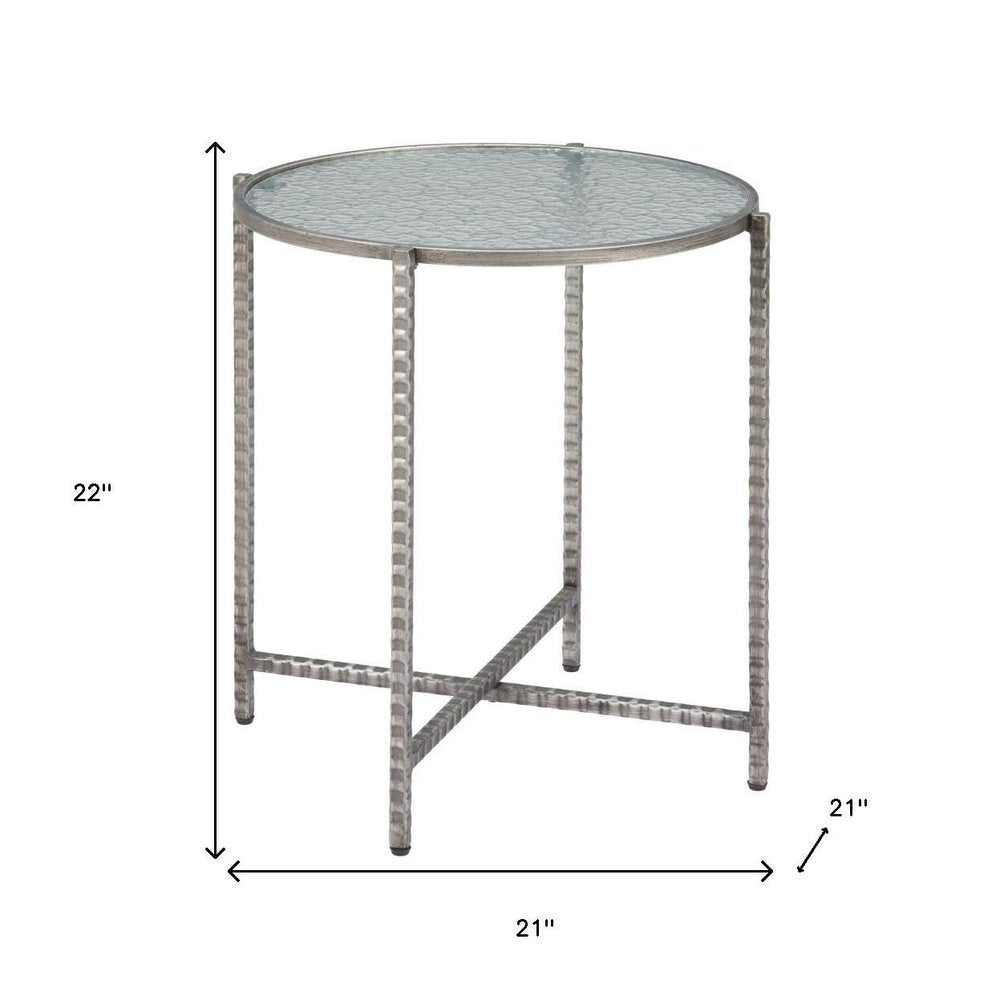 22" Clear and Silver Glass and Distressed Steel Round End Table HomeRoots