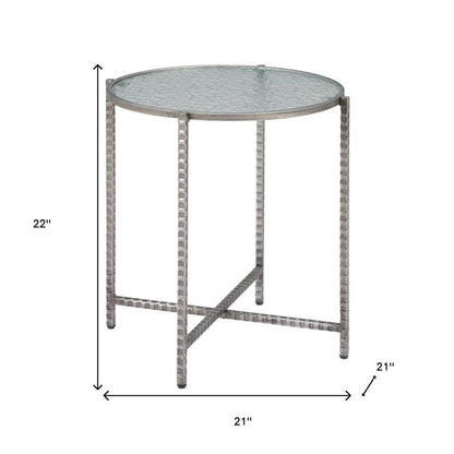 22" Clear and Silver Glass and Distressed Steel Round End Table HomeRoots