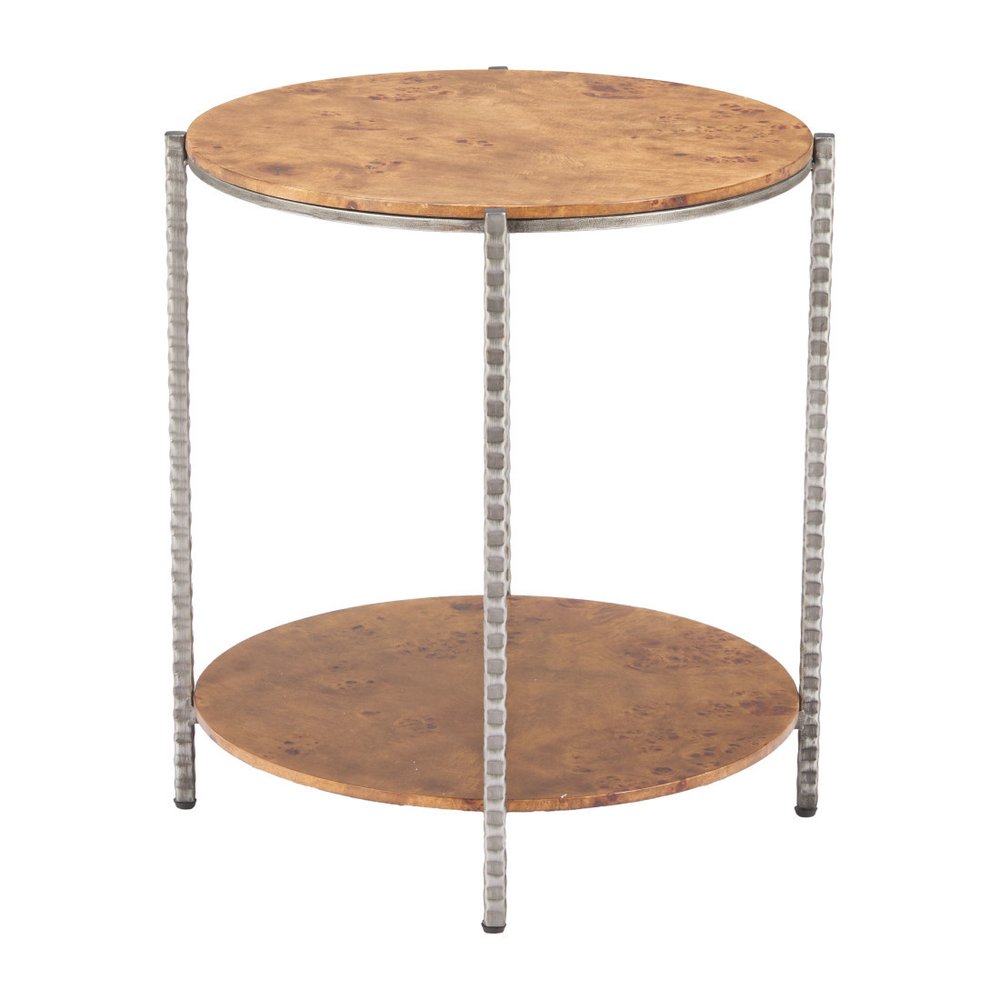 22" Natural and Silver Wood and Steel Round End Table With Shelf HomeRoots