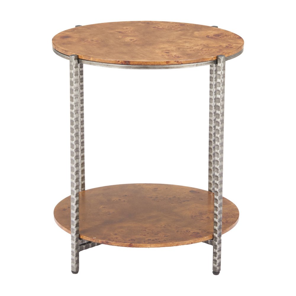 22" Natural and Silver Wood and Steel Round End Table With Shelf HomeRoots