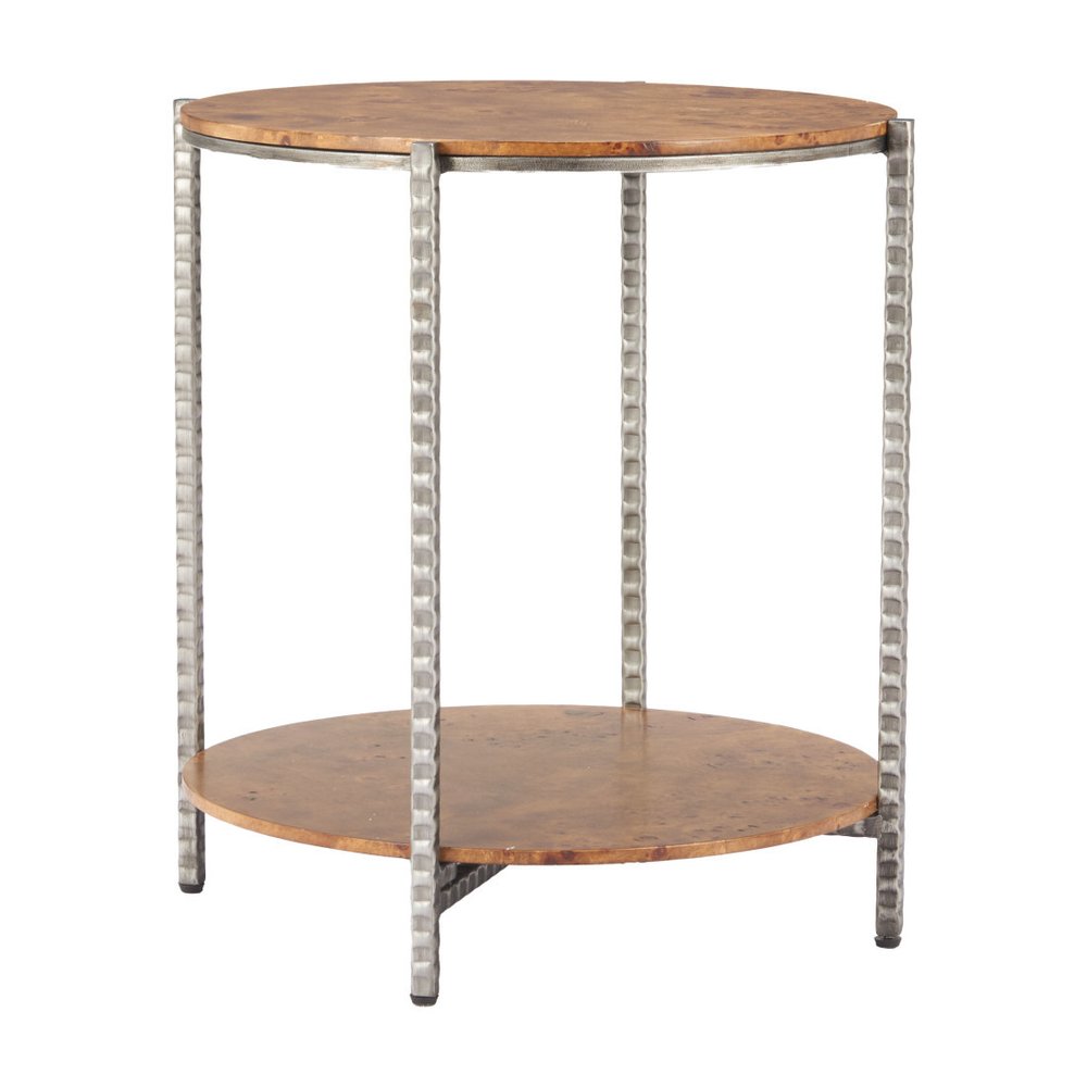 22" Natural and Silver Wood and Steel Round End Table With Shelf HomeRoots