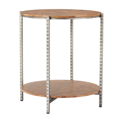 22" Natural and Silver Wood and Steel Round End Table With Shelf HomeRoots