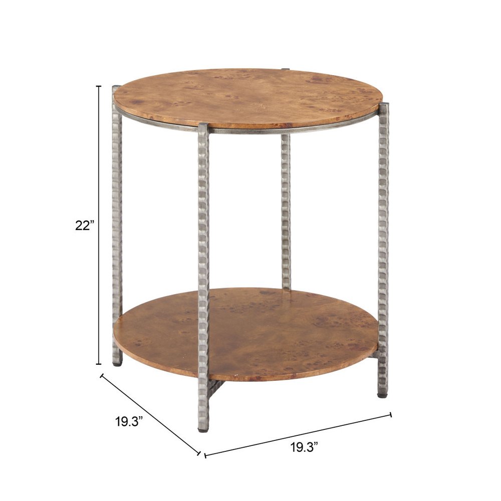 22" Natural and Silver Wood and Steel Round End Table With Shelf HomeRoots