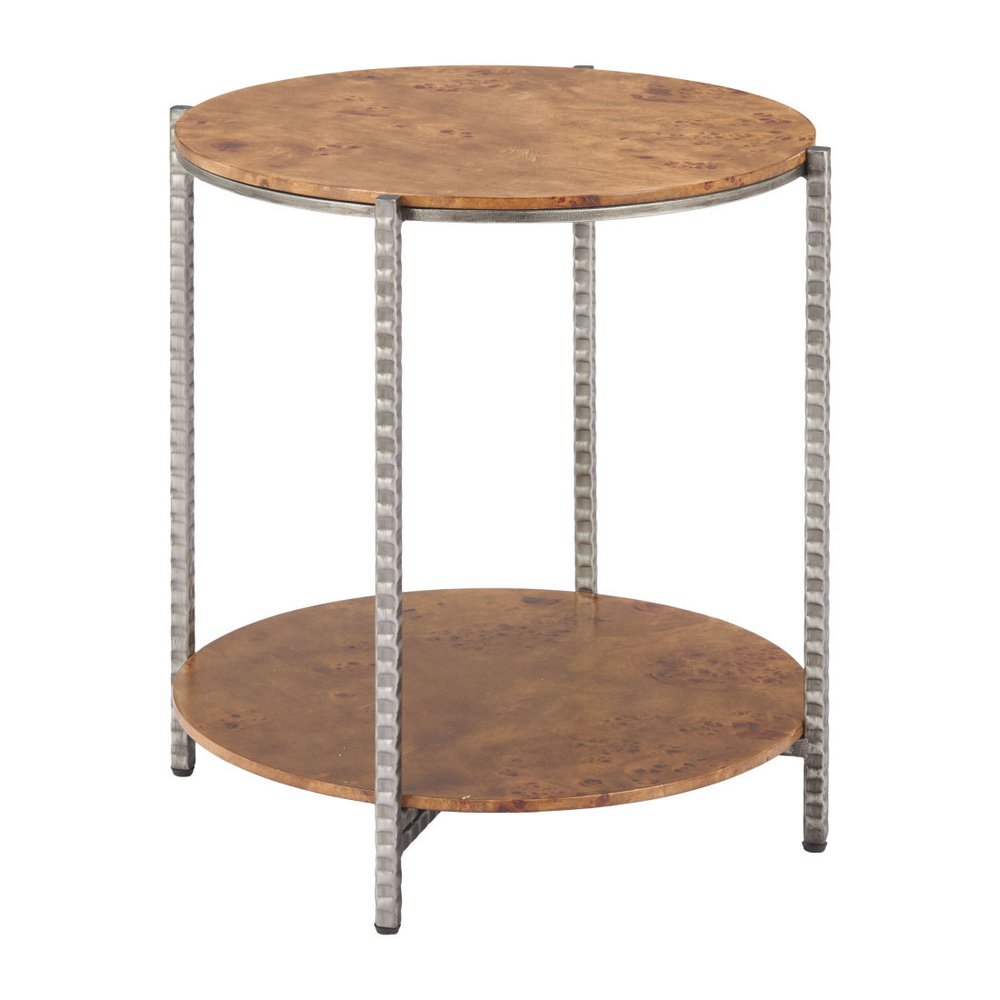 22" Natural and Silver Wood and Steel Round End Table With Shelf HomeRoots