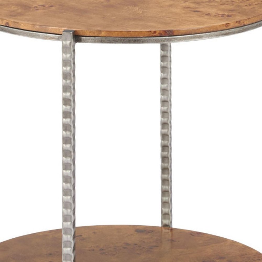 22" Natural and Silver Wood and Steel Round End Table With Shelf HomeRoots