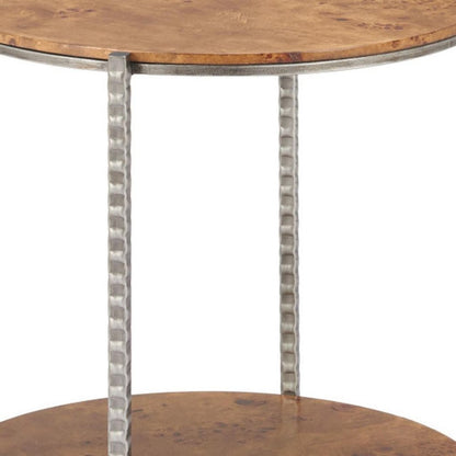 22" Natural and Silver Wood and Steel Round End Table With Shelf HomeRoots