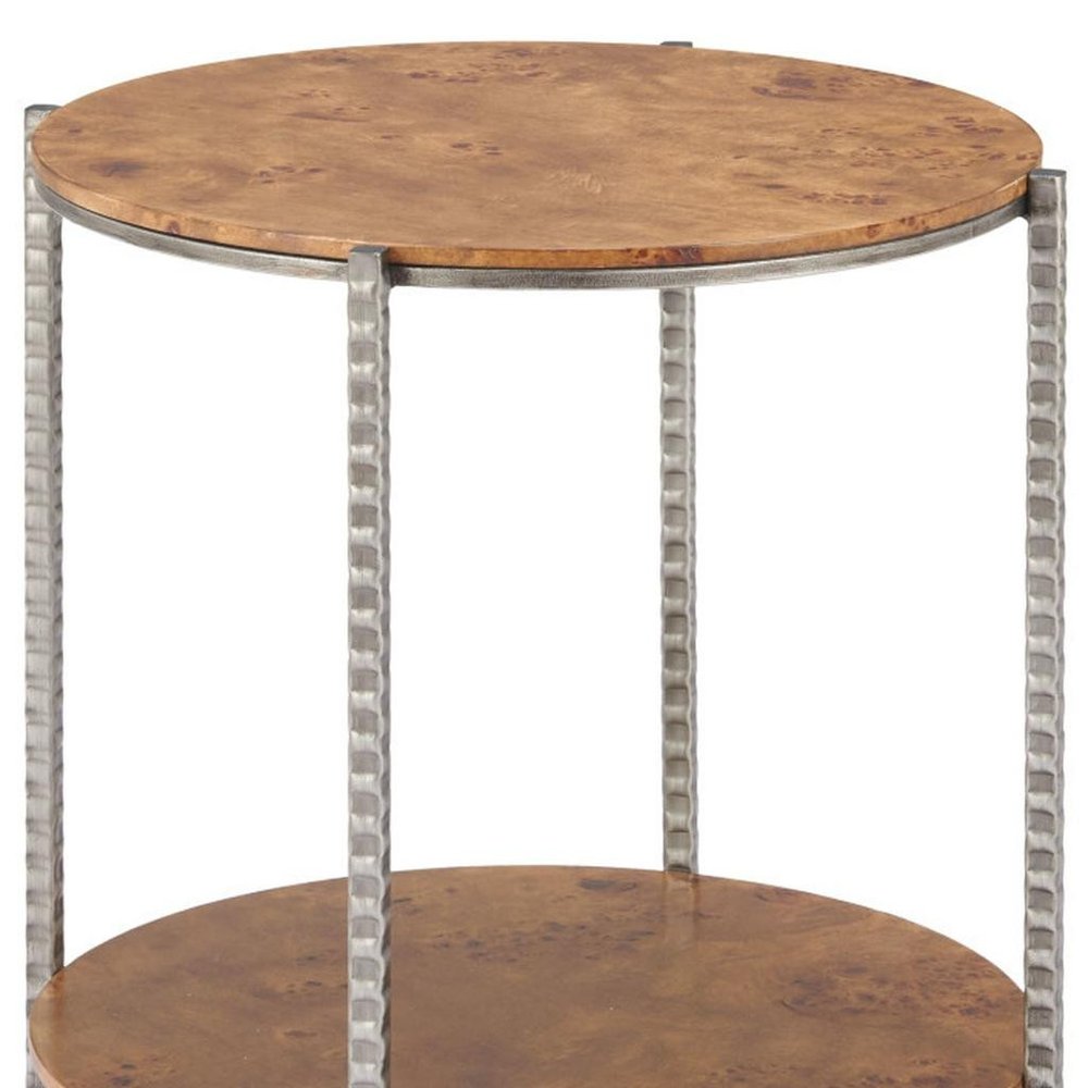 22" Natural and Silver Wood and Steel Round End Table With Shelf HomeRoots