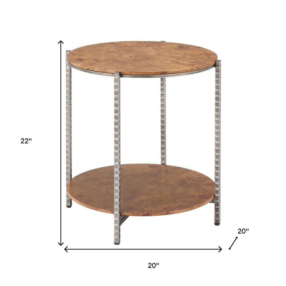 22" Natural and Silver Wood and Steel Round End Table With Shelf HomeRoots