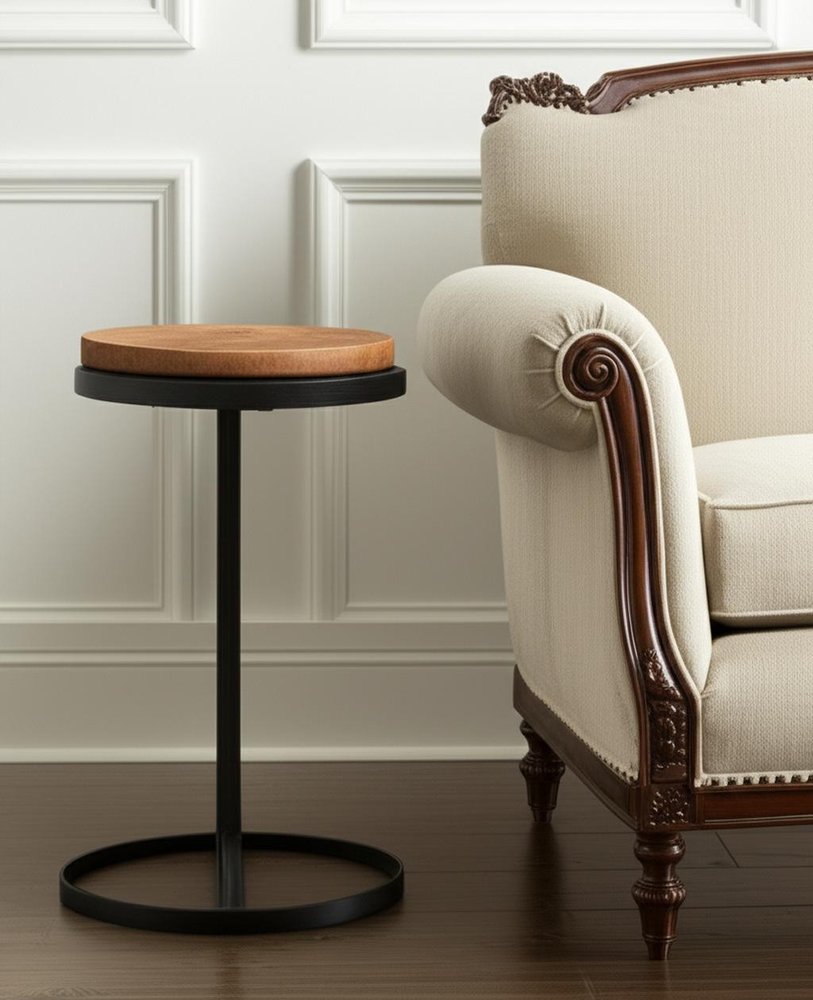 25" Brown and Black Wood and Iron Round Pedestal End Table HomeRoots