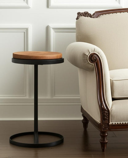 25" Brown and Black Wood and Iron Round Pedestal End Table HomeRoots