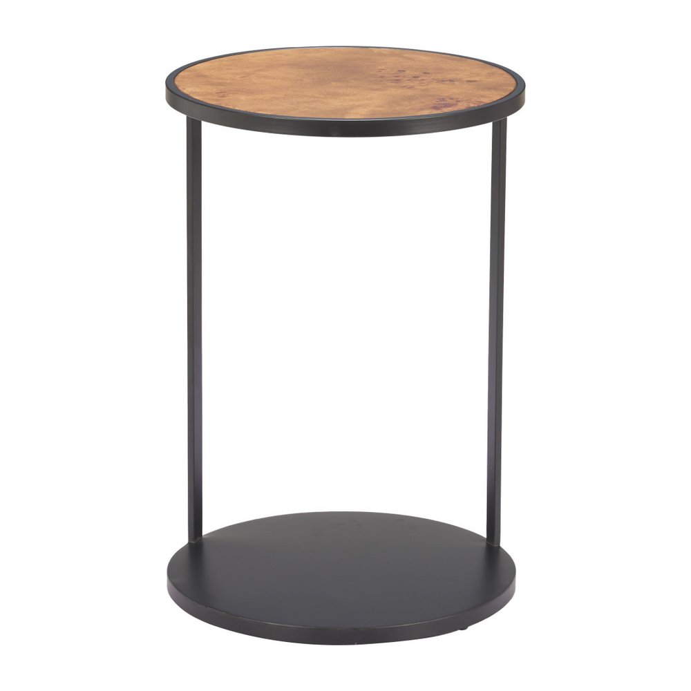 25" Brown and Black Wood and Iron Round Pedestal End Table HomeRoots