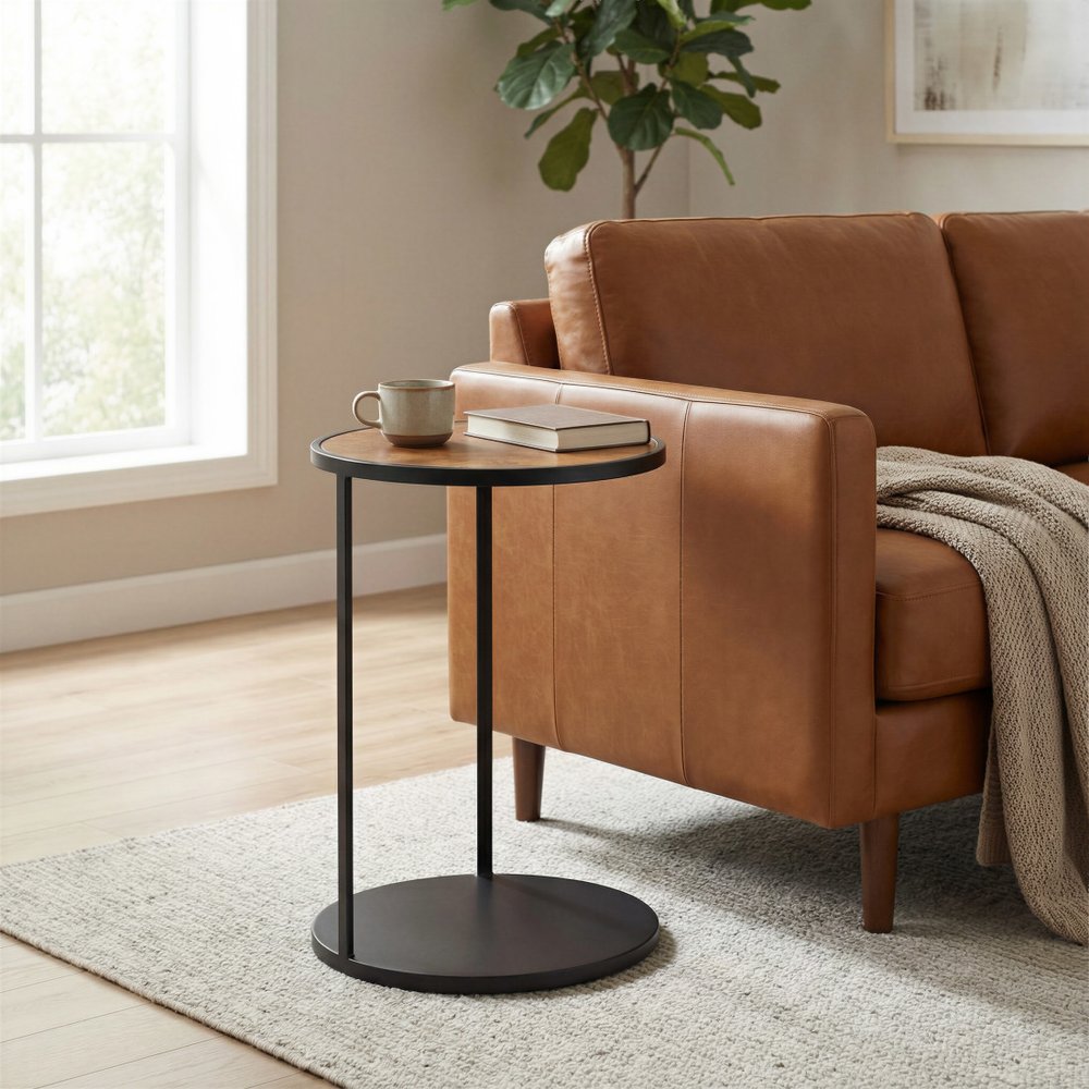 25" Brown and Black Wood and Iron Round Pedestal End Table HomeRoots